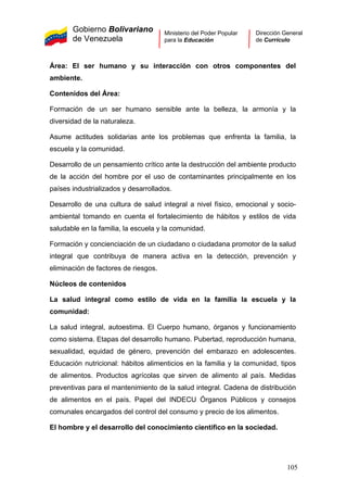 Gobierno Bolivariano
de Venezuela
Ministerio del Poder Popular
para la Educación
Dirección General
de Currículo
Área: El ser humano y su interacción con otros componentes del
ambiente.
Contenidos del Área:
Formación de un ser humano sensible ante la belleza, la armonía y la
diversidad de la naturaleza.
Asume actitudes solidarias ante los problemas que enfrenta la familia, la
escuela y la comunidad.
Desarrollo de un pensamiento crítico ante la destrucción del ambiente producto
de la acción del hombre por el uso de contaminantes principalmente en los
países industrializados y desarrollados.
Desarrollo de una cultura de salud integral a nivel físico, emocional y socio-
ambiental tomando en cuenta el fortalecimiento de hábitos y estilos de vida
saludable en la familia, la escuela y la comunidad.
Formación y concienciación de un ciudadano o ciudadana promotor de la salud
integral que contribuya de manera activa en la detección, prevención y
eliminación de factores de riesgos.
Núcleos de contenidos
La salud integral como estilo de vida en la familia la escuela y la
comunidad:
La salud integral, autoestima. El Cuerpo humano, órganos y funcionamiento
como sistema. Etapas del desarrollo humano. Pubertad, reproducción humana,
sexualidad, equidad de género, prevención del embarazo en adolescentes.
Educación nutricional: hábitos alimenticios en la familia y la comunidad, tipos
de alimentos. Productos agrícolas que sirven de alimento al país. Medidas
preventivas para el mantenimiento de la salud integral. Cadena de distribución
de alimentos en el país. Papel del INDECU Órganos Públicos y consejos
comunales encargados del control del consumo y precio de los alimentos.
El hombre y el desarrollo del conocimiento científico en la sociedad.
105
 