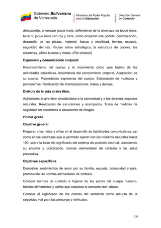 Gobierno Bolivariano
de Venezuela
Ministerio del Poder Popular
para la Educación
Dirección General
de Currículo
descubierta, amenazar jaque mate, defenderse de la amenaza de jaque mate.
Nivel 5: jaque mate con rey y torre, cómo empezar una partida; centralización,
desarrollo de las piezas, material, fuerza y movilidad, tiempo, espacio,
seguridad del rey. Pautas sobre estratégica; la estructura de peones, las
columnas, alfiles buenos y malos. (Por concluir)
Expresión y comunicación corporal:
Reconocimiento del cuerpo y el movimiento como ejes básico de las
actividades educativas. Importancia del conocimiento corporal. Aceptación de
su cuerpo. Propiedades expresivas del cuerpo. Elaboración de muñecos y
pantomimas. Realización de dramatizaciones, bailes y danzas.
Disfrute de la vida al aire libre.
Actividades al aire libre vinculándose a la comunidad y a los diversos espacios
naturales. Realización de excursiones y acampados. Toma de medidas de
seguridad en accidentes o situaciones de riesgos.
Primer grado
Objetivo general
Preparar a los niños y niñas en el desarrollo de habilidades comunicativas, así
como en las destrezas que le permitan operar con los números naturales hasta
100, sobre la base del significado del sistema de posición decimal, conociendo
su entorno y practicando normas elementales de cortesía y de salud
preventiva.
Objetivos específicos
Demostrar sentimientos de amor por su familia, escuela, comunidad y país,
practicando las normas elementales de cortesía.
Conocer normas de cuidado e higiene de las partes del cuerpo humano,
hábitos alimenticios y daños que ocasiona el consumo del tabaco.
Conocer el significado de los colores del semáforo como recurso de la
seguridad vial para las personas y vehículos.
108
 
