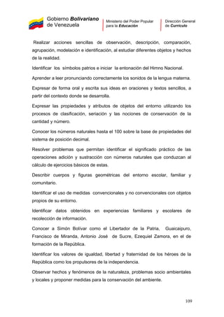 Gobierno Bolivariano
de Venezuela
Ministerio del Poder Popular
para la Educación
Dirección General
de Currículo
Realizar acciones sencillas de observación, descripción, comparación,
agrupación, modelación e identificación, al estudiar diferentes objetos y hechos
de la realidad.
Identificar los símbolos patrios e iniciar la entonación del Himno Nacional.
Aprender a leer pronunciando correctamente los sonidos de la lengua materna.
Expresar de forma oral y escrita sus ideas en oraciones y textos sencillos, a
partir del contexto donde se desarrolla.
Expresar las propiedades y atributos de objetos del entorno utilizando los
procesos de clasificación, seriación y las nociones de conservación de la
cantidad y número.
Conocer los números naturales hasta el 100 sobre la base de propiedades del
sistema de posición decimal.
Resolver problemas que permitan identificar el significado práctico de las
operaciones adición y sustracción con números naturales que conduzcan al
cálculo de ejercicios básicos de estas.
Describir cuerpos y figuras geométricas del entorno escolar, familiar y
comunitario.
Identificar el uso de medidas convencionales y no convencionales con objetos
propios de su entorno.
Identificar datos obtenidos en experiencias familiares y escolares de
recolección de información.
Conocer a Simón Bolívar como el Libertador de la Patria, Guaicaipuro,
Francisco de Miranda, Antonio José de Sucre, Ezequiel Zamora, en el de
formación de la República.
Identificar los valores de igualdad, libertad y fraternidad de los héroes de la
República como los propulsores de la independencia.
Observar hechos y fenómenos de la naturaleza, problemas socio ambientales
y locales y proponer medidas para la conservación del ambiente.
109
 