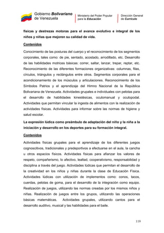Gobierno Bolivariano
de Venezuela
Ministerio del Poder Popular
para la Educación
Dirección General
de Currículo
físicas y destrezas motoras para el avance evolutivo e integral de los
niños y niñas que mejoren su calidad de vida.
Contenidos
Conocimiento de las posturas del cuerpo y el reconocimiento de los segmentos
corporales, tales como: de pie, sentado, acostado, arrodillado, etc. Desarrollo
de las habilidades motrices básicas: correr, saltar, lanzar, trepar, reptar, etc.
Reconocimiento de las diferentes formaciones organizativas: columnas, filas,
círculos, triángulos y rectángulos entre otros. Segmentos corporales para el
acondicionamiento de los músculos y articulaciones. Reconocimiento de los
Símbolos Patrios y el aprendizaje del Himno Nacional de la República
Bolivariana de Venezuela. Actividades grupales e individuales con pelotas para
el desarrollo de habilidades kinestésicas, oculomanual y oculopodal.
Actividades que permitan vincular la ingesta de alimentos con la realización de
actividades físicas. Actividades para informar sobre las normas de higiene y
salud escolar.
La expresión lúdica como preámbulo de adaptación del niño y la niña a la
iniciación y desarrollo en los deportes para su formación integral.
Contenidos
Actividades físicas grupales para el aprendizaje de los diferentes juegos
cognoscitivos, tradicionales y predeportivos a efectuarse en el aula, la cancha
u otros espacios físicos. Actividades físicas para afianzar los valores de
respeto, compañerismo, lo afectivo, lealtad, cooperativismo, responsabilidad y
disciplina a través del juego. Actividades lúdicas que permitan el desarrollo de
la creatividad en los niños y niñas durante la clase de Educación Física.
Actividades lúdicas con utilización de implementos como: conos, tacos,
cuerdas, pelotas de goma, para el desarrollo de la integración como equipo.
Realización de juegos, utilizando las normas creadas por los mismos niños y
niñas. Realización de juegos entre los grupos, utilizando las operaciones
básicas matemáticas. Actividades grupales, utilizando cantos para el
desarrollo auditivo, musical y las habilidades para el baile.
119
 