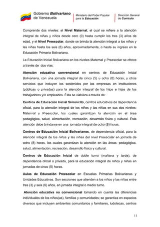 Gobierno Bolivariano
de Venezuela
Ministerio del Poder Popular
para la Educación
Dirección General
de Currículo
Comprende dos niveles: el Nivel Maternal, el cual se refiere a la atención
integral de niñas y niños desde cero (0) hasta cumplir los tres (3) años de
edad, y el Nivel Preescolar, donde se brinda la atención integral a los niños y
las niñas hasta los seis (6) años, aproximadamente, o hasta su ingreso en la
Educación Primaria Bolivariana.
La Educación Inicial Bolivariana en los niveles Maternal y Preescolar se ofrece
a través de dos vías:
Atención educativa convencional en centros de Educación Inicial
Bolivariana, con una jornada integral de cinco (5) u ocho (8) horas, y otros
servicios que incluyen los sostenidos por las empresas en instituciones
(públicas o privadas) para la atención integral de los hijos e hijas de los
trabajadores y/o empleados. Ésta se viabiliza a través de:
Centros de Educación Inicial Simoncito, centros educativos de dependencia
oficial, para la atención integral de los niños y las niñas en sus dos niveles:
Maternal y Preescolar, los cuales garantizan la atención en el área
pedagógica, salud, alimentación, recreación, desarrollo físico y cultural. Esta
atención debe brindarse en una jornada integral de ocho (8) horas.
Centros de Educación Inicial Bolivarianos, de dependencia oficial, para la
atención integral de los niños y las niñas del nivel Preescolar en jornada de
ocho (8) horas, los cuales garantizan la atención en las áreas: pedagógica,
salud, alimentación, recreación, desarrollo físico y cultural.
Centros de Educación Inicial de doble turno (mañana y tarde), de
dependencia oficial o privada, para la educación integral de niños y niñas en
jornadas de cinco (5) horas.
Aulas de Educación Preescolar en Escuelas Primarias Bolivarianas y
Unidades Educativas. Son secciones que atienden a los niños y las niñas entre
tres (3) y seis (6) años, en jornada integral o medio turno.
Atención educativa no convencional tomando en cuenta las diferencias
individuales de los niños(as), familias y comunidades; se garantiza en espacios
diversos que incluyen ambientes comunitarios y familiares, ludotecas, centros
11
 