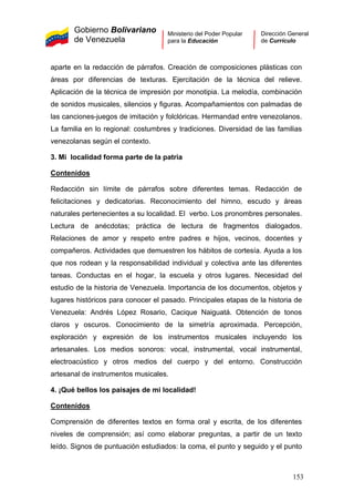 Gobierno Bolivariano
de Venezuela
Ministerio del Poder Popular
para la Educación
Dirección General
de Currículo
aparte en la redacción de párrafos. Creación de composiciones plásticas con
áreas por diferencias de texturas. Ejercitación de la técnica del relieve.
Aplicación de la técnica de impresión por monotipia. La melodía, combinación
de sonidos musicales, silencios y figuras. Acompañamientos con palmadas de
las canciones-juegos de imitación y folclóricas. Hermandad entre venezolanos.
La familia en lo regional: costumbres y tradiciones. Diversidad de las familias
venezolanas según el contexto.
3. Mi localidad forma parte de la patria
Contenidos
Redacción sin límite de párrafos sobre diferentes temas. Redacción de
felicitaciones y dedicatorias. Reconocimiento del himno, escudo y áreas
naturales pertenecientes a su localidad. El verbo. Los pronombres personales.
Lectura de anécdotas; práctica de lectura de fragmentos dialogados.
Relaciones de amor y respeto entre padres e hijos, vecinos, docentes y
compañeros. Actividades que demuestren los hábitos de cortesía. Ayuda a los
que nos rodean y la responsabilidad individual y colectiva ante las diferentes
tareas. Conductas en el hogar, la escuela y otros lugares. Necesidad del
estudio de la historia de Venezuela. Importancia de los documentos, objetos y
lugares históricos para conocer el pasado. Principales etapas de la historia de
Venezuela: Andrés López Rosario, Cacique Naiguatá. Obtención de tonos
claros y oscuros. Conocimiento de la simetría aproximada. Percepción,
exploración y expresión de los instrumentos musicales incluyendo los
artesanales. Los medios sonoros: vocal, instrumental, vocal instrumental,
electroacústico y otros medios del cuerpo y del entorno. Construcción
artesanal de instrumentos musicales.
4. ¡Qué bellos los paisajes de mi localidad!
Contenidos
Comprensión de diferentes textos en forma oral y escrita, de los diferentes
niveles de comprensión; así como elaborar preguntas, a partir de un texto
leído. Signos de puntuación estudiados: la coma, el punto y seguido y el punto
153
 