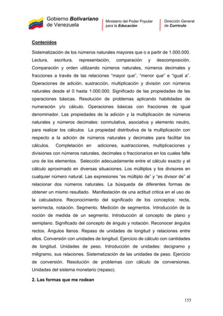 Gobierno Bolivariano
de Venezuela
Ministerio del Poder Popular
para la Educación
Dirección General
de Currículo
Contenidos
Sistematización de los números naturales mayores que o a partir de 1.000.000.
Lectura, escritura, representación, comparación y descomposición.
Comparación y orden utilizando números naturales, números decimales y
fracciones a través de las relaciones “mayor que”, “menor que” e “igual a”.
Operaciones de adición, sustracción, multiplicación y división con números
naturales desde el 0 hasta 1.000.000. Significado de las propiedades de las
operaciones básicas. Resolución de problemas aplicando habilidades de
numeración y/o cálculo. Operaciones básicas con fracciones de igual
denominador. Las propiedades de la adición y la multiplicación de números
naturales y números decimales: conmutativa, asociativa y elemento neutro,
para realizar los cálculos La propiedad distributiva de la multiplicación con
respecto a la adición de números naturales y decimales para facilitar los
cálculos. Completación en adiciones, sustracciones, multiplicaciones y
divisiones con números naturales, decimales o fraccionarios en los cuales falte
uno de los elementos. Selección adecuadamente entre el cálculo exacto y el
cálculo aproximado en diversas situaciones. Los múltiplos y los divisores en
cualquier número natural. Las expresiones “es múltiplo de” y “es divisor de” al
relacionar dos números naturales. La búsqueda de diferentes formas de
obtener un mismo resultado. Manifestación de una actitud critica en el uso de
la calculadora. Reconocimiento del significado de los conceptos: recta,
semirrecta, notación. Segmento. Medición de segmentos. Introducción de la
noción de medida de un segmento. Introducción al concepto de plano y
semiplano. Significado del concepto de ángulo y notación. Reconocer ángulos
rectos. Ángulos llanos. Repaso de unidades de longitud y relaciones entre
ellos. Conversión con unidades de longitud. Ejercicio de cálculo con cantidades
de longitud. Unidades de peso. Introducción de unidades: decigramo y
miligramo, sus relaciones. Sistematización de las unidades de peso. Ejercicio
de conversión. Resolución de problemas con cálculo de conversiones.
Unidades del sistema monetario (repaso).
2. Las formas que me rodean
155
 