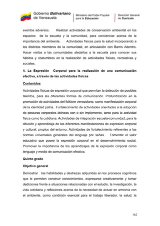 Gobierno Bolivariano
de Venezuela
Ministerio del Poder Popular
para la Educación
Dirección General
de Currículo
eventos adversos. Realizar actividades de conservación ambiental en los
espacios de la escuela y la comunidad, para concienciar acerca de la
importancia del ambiente. Actividades físicas para la salud incorporando a
los distintos miembros de la comunidad, en articulación con Barrio Adentro.
Hacer visitas a las comunidades aledañas a la escuela para conocer sus
hábitos y costumbres en la realización de actividades físicas, recreativas y
sociales.
4. La Expresión Corporal para la realización de una comunicación
efectiva, a través de las actividades físicas
Contenidos
Actividades físicas de expresión corporal que permitan la detección de posibles
talentos, para las diferentes formas de comunicación. Profundización en la
promoción de actividades del folklore venezolano, como manifestación corporal
de la identidad patria. Fortalecimiento de actividades orientadas a la adopción
de posturas corporales idóneas con o sin implemento, tanto para la actividad
física como la cotidiana. Actividades de integración escuela-comunidad, para la
difusión y aprendizaje de las diferentes manifestaciones de expresión corporal
y cultural, propios del entorno. Actividades de fortalecimiento referentes a las
normas universales generales del lenguaje por señas. Fomentar el valor
educativo que posee la expresión corporal en el desenvolvimiento social.
Promover la importancia de los aprendizajes de la expresión corporal como
lenguaje y medio de comunicación efectiva.
Quinto grado
Objetivo general
Demostrar las habilidades y destrezas adquiridas en los procesos cognitivos
que le permiten construir conocimientos, expresarse creativamente y tomar
dediciones frente a situaciones relacionadas con el estudio, la investigación, la
vida cotidiana y reflexiones acerca de la necesidad de actuar en armonía con
el ambiente, como condición esencial para el trabajo liberador, la salud, la
162
 