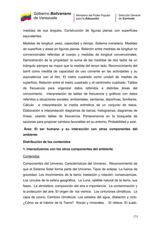 Gobierno Bolivariano
de Venezuela
Ministerio del Poder Popular
para la Educación
Dirección General
de Currículo
medidas de sus ángulos. Construcción de figuras planas con superficies
equivalentes.
Medidas de longitud, peso, capacidad y tiempo. Sistema monetario. Medidas
de superficie y áreas en figuras planas. Relación entre medidas de longitud no
convencionales referidas al cuerpo y medidas de longitud convencionales.
Demostración de la propiedad: la suma de las medidas de dos lados de un
triángulo siempre es mayor que la medida del tercer lado. Reconocimiento del
barril como medida de capacidad de uso corriente en las actividades y su
equivalencia con el litro. El metro cuadrado como unidad de medida de
superficie. Relación entre el metro cuadrado y el centímetro cuadrado. Tablas
de frecuencia para organizar datos referidos a distintas áreas del
conocimiento. Interpretación de tablas de frecuencia y gráficos con datos
referidos a situaciones sociales, ambientales, sanitarias, deportivas, familiares.
Cálculo e interpretación la media aritmética de un conjunto de datos.
Elaboración e interpretación diagramas de barras, histogramas, diagramas de
líneas, usando tablas de frecuencia. Perseverancia en la búsqueda de
opciones para propiciar cambios favorables en su entorno. Probabilidad y azar.
Área: El ser humano y su interacción con otros componentes del
ambiente
Distribución de los contenidos
1. Interactuamos con los otros componentes del ambiente
Contenidos
Componentes del Universo. Características del Universo. Reconocimiento de
que el Sistema Solar forma parte del Universo. Tipos de eclipse. La fuerza de
gravedad. Los movimientos de la tierra: traslación y rotación: consecuencias.
Los círculos de la esfera geográfica. La Luna, satélite natural de la tierra, sus
fases. La atmósfera: composición del aire e importancia. La contaminación y
la protección del aire. El origen de los vientos. Los cinturones climáticos. La
capa de ozono. Cambios climáticos. Los estados del agua, dilatación y ciclo.
¿Cómo es el interior de la Tierra? Rocas y minerales. El relieve. El suelo.
171
 