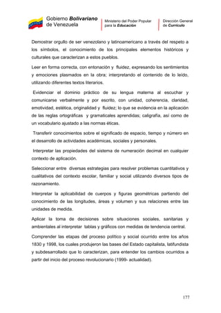 Gobierno Bolivariano
de Venezuela
Ministerio del Poder Popular
para la Educación
Dirección General
de Currículo
Demostrar orgullo de ser venezolano y latinoamericano a través del respeto a
los símbolos, el conocimiento de los principales elementos históricos y
culturales que caracterizan a estos pueblos.
Leer en forma correcta, con entonación y fluidez, expresando los sentimientos
y emociones plasmados en la obra; interpretando el contenido de lo leído,
utilizando diferentes textos literarios.
Evidenciar el dominio práctico de su lengua materna al escuchar y
comunicarse verbalmente y por escrito, con unidad, coherencia, claridad,
emotividad, estética, originalidad y fluidez; lo que se evidencia en la aplicación
de las reglas ortográficas y gramaticales aprendidas; caligrafía, así como de
un vocabulario ajustado a las normas éticas.
Transferir conocimientos sobre el significado de espacio, tiempo y número en
el desarrollo de actividades académicas, sociales y personales.
Interpretar las propiedades del sistema de numeración decimal en cualquier
contexto de aplicación.
Seleccionar entre diversas estrategias para resolver problemas cuantitativos y
cualitativos del contexto escolar, familiar y social utilizando diversos tipos de
razonamiento.
Interpretar la aplicabilidad de cuerpos y figuras geométricas partiendo del
conocimiento de las longitudes, áreas y volumen y sus relaciones entre las
unidades de medida.
Aplicar la toma de decisiones sobre situaciones sociales, sanitarias y
ambientales al interpretar tablas y gráficos con medidas de tendencia central.
Comprender las etapas del proceso político y social ocurrido entre los años
1830 y 1998, los cuales produjeron las bases del Estado capitalista, latifundista
y subdesarrollado que lo caracterizan, para entender los cambios ocurridos a
partir del inicio del proceso revolucionario (1999- actualidad).
177
 