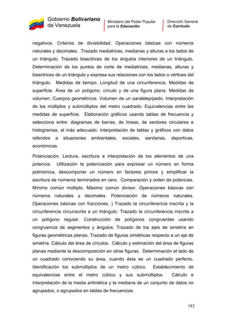 Gobierno Bolivariano
de Venezuela
Ministerio del Poder Popular
para la Educación
Dirección General
de Currículo
negativos. Criterios de divisibilidad. Operaciones básicas con números
naturales y decimales. Trazado mediatrices, medianas y alturas a los lados de
un triángulo. Trazado bisectrices de los ángulos interiores de un triángulo.
Determinación de los puntos de corte de mediatrices, medianas, alturas y
bisectrices de un triángulo y expresa sus relaciones con los lados o vértices del
triángulo. Medidas de tiempo. Longitud de una circunferencia. Medidas de
superficie. Área de un polígono, círculo y de una figura plana. Medidas de
volumen. Cuerpos geométricos. Volumen de un paralelepípedo. Interpretación
de los múltiplos y submúltiplos del metro cuadrado. Equivalencias entre las
medidas de superficie. Elaboración gráficos usando tablas de frecuencia y
selecciona entre: diagramas de barras, de líneas, de sectores circulares e
histogramas, el más adecuado. Interpretación de tablas y gráficos con datos
referidos a situaciones ambientales, sociales, sanitarias, deportivas,
económicas.
Potenciación. Lectura, escritura e interpretación de los elementos de una
potencia. Utilización la potenciación para expresar un número en forma
polinómica, descomponer un número en factores primos y simplificar la
escritura de números terminados en cero. Comparación y orden de potencias.
Mínimo común múltiplo. Máximo común divisor. Operaciones básicas con
números naturales y decimales. Potenciación de números naturales.
Operaciones básicas con fracciones. ) Trazado la circunferencia inscrita y la
circunferencia circunscrita a un triángulo. Trazado la circunferencia inscrita a
un polígono regular. Construcción de polígonos congruentes usando
congruencia de segmentos y ángulos. Trazado de los ejes de simetría en
figuras geométricas planas. Trazado de figuras simétricas respecto a un eje de
simetría. Cálculo del área de círculos. Cálculo y estimación del área de figuras
planas mediante la descomposición en otras figuras. Determinación el lado de
un cuadrado conociendo su área, cuando ésta es un cuadrado perfecto.
Identificación los submúltiplos de un metro cúbico. Establecimiento de
equivalencias entre el metro cúbico y sus submúltiplos. Cálculo e
interpretación de la media aritmética y la mediana de un conjunto de datos no
agrupados, o agrupados en tablas de frecuencias.
183
 