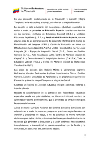 Gobierno Bolivariano
de Venezuela
Ministerio del Poder Popular
para la Educación
Dirección General
de Currículo
Es una educación fundamentada en la Prevención y Atención Integral
Temprana, en la educación y el trabajo, así como en la integración social.
La atención a cada estudiante con necesidades educativas especiales se
realiza a través de: planteles de Educación Especial durante todos los días
de las semanas -Institutos de Educación Especial (I.E.E.) y Unidades
Educativas Especiales (U.E.E.)– y Servicios de Educación Especial, durante
algunos días de las semanas:Centro de Desarrollo Infantil (C.D.I.), Centro de
Rehabilitación del Lenguaje (C.R.L.), Centro de Evaluación de Niños con
Dificultades de Aprendizaje (C.E.N.D.A.), Unidad Psicoeducativa (U.P.E.), Aula
Integrada (A.I.), Equipo de Integración Social (E.I.S.), Centro de Parálisis
Cerebral (C.P.C.), Aula Hospitalaria (A.H.), Centro de Atención Integral del
Ciego (C.A.I.), Centro de Atención Integral para Autismo (C.A.I.P.A.), Taller de
Educación Laboral (T.E.L.) y Centro de Atención Integral de Deficiencias
Visuales (C.A.I.D.V.).
Las áreas de atención son: Retardo Mental o Compromiso cognitivo,
Deficiencias Visuales, Deficiencias Auditivas, Impedimentos Físicos, Parálisis
Cerebral, Autismo, Dificultades de Aprendizaje y los programas de apoyo son:
Prevención y Atención Integral Temprana e Integración Social.
Establece un Modelo de Atención Educativa integral: sistémico, histórico e
interdisciplinario.
Respeta la caracterización de la población con necesidades educativas
especiales; revela sus potencialidades, su diferencia individual, su ritmo de
aprendizaje y asume científicamente, que la diversidad es enriquecedora para
la convivencia humana.
Aplica el mismo Currículo Nacional del Sistema Educativo Bolivariano con
adaptaciones a través de proyectos, programas y acciones según las áreas de
atención y programas de apoyo, a fin de garantizar la misma formación
ciudadana para todos y todas, a través de las líneas para la administración de
la política que garantizan la articulación y la visión sistémica: intrasubsistema,
intersubsistema e intersectorial en corresponsabilidad con la familia y la
comunidad, es decir, más allá, del sistema escolar.
16
 