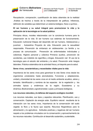 Gobierno Bolivariano
de Venezuela
Ministerio del Poder Popular
para la Educación
Dirección General
de Currículo
Recopilación, comparación, cuantificación de datos obtenidos de la realidad
.Análisis de hechos a través de la interpretación de gráficos. Inferencia,
definición de variables que determinan un sistema biológico, físico o químico. .
El ser humano y su salud integral para promocionar la vida y la
aplicación de la tecnología en la salud pública:
Principios éticos, morales relacionados con la conciencia humana para la
preservación de la vida. El ser humano sus sistemas de funcionamiento.
Educación nutricional Etapas del desarrollo del ser humano. Adolescencia y
juventud. . Autoestima Proyecto de vida. Educación para la sexualidad
responsable. Prevención de embarazo en adolescentes .La familia y su
proceso de comunicación. Prevención de enfermedades individuales y
colectivas. Higiene personal y colectiva Primeros auxilios, prevención de
accidentes, uso indebido de cigarrillos y drogas .Educación vial El uso de la
tecnología para el estudio del ambiente y la salud. Prevención ante riesgos
laborales .Práctica sistemática de la actividad física y el deporte para la salud.
Seres vivos, características y necesidades vitales para la vida:
Importancia de los seres vivos para garantizar la vida Seres vivos desde los
organismos unicelulares hasta pluricelulares. Funciones y adaptaciones,
unidad y diversidad de los seres vivos en el medio ambiente acuático, aéreo y
terrestre. Identificación y nombres de las especies de la vegetación y los
animales típicos y endémicos de la región. Ecosistema y su
dinámica..Biodiversidad y agrodiversidad. Leyes y principios biológicos.
Los recursos naturales y la defensa del espacio ecológico mundial:
Los recursos naturales, sus tipos y aspectos relevantes. Planificación, uso y
conservación. Captación de energía solar. Equilibrio natural resultante de la
interacción con los seres vivos, Importancia de la conservación del suelo
vegetal, la flora y la fauna que soporta. Recursos filogenéticos para la
alimentación y la agricultura. Actitudes positivas y negativas del ser humano
respeto a los problemas vinculados con la conservación y aprovechamiento de
los recursos naturales. Contribución al desarrollo sostenible y sustentable.
209
 