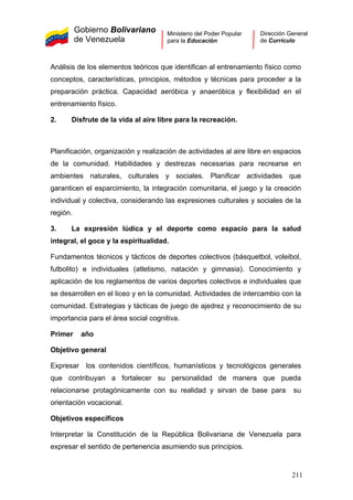 Gobierno Bolivariano
de Venezuela
Ministerio del Poder Popular
para la Educación
Dirección General
de Currículo
Análisis de los elementos teóricos que identifican al entrenamiento físico como
conceptos, características, principios, métodos y técnicas para proceder a la
preparación práctica. Capacidad aeróbica y anaeróbica y flexibilidad en el
entrenamiento físico.
2. Disfrute de la vida al aire libre para la recreación.
Planificación, organización y realización de actividades al aire libre en espacios
de la comunidad. Habilidades y destrezas necesarias para recrearse en
ambientes naturales, culturales y sociales. Planificar actividades que
garanticen el esparcimiento, la integración comunitaria, el juego y la creación
individual y colectiva, considerando las expresiones culturales y sociales de la
región.
3. La expresión lúdica y el deporte como espacio para la salud
integral, el goce y la espiritualidad.
Fundamentos técnicos y tácticos de deportes colectivos (básquetbol, voleibol,
futbolito) e individuales (atletismo, natación y gimnasia). Conocimiento y
aplicación de los reglamentos de varios deportes colectivos e individuales que
se desarrollen en el liceo y en la comunidad. Actividades de intercambio con la
comunidad. Estrategias y tácticas de juego de ajedrez y reconocimiento de su
importancia para el área social cognitiva.
Primer año
Objetivo general
Expresar los contenidos científicos, humanísticos y tecnológicos generales
que contribuyan a fortalecer su personalidad de manera que pueda
relacionarse protagónicamente con su realidad y sirvan de base para su
orientación vocacional.
Objetivos específicos
Interpretar la Constitución de la República Bolivariana de Venezuela para
expresar el sentido de pertenencia asumiendo sus principios.
211
 