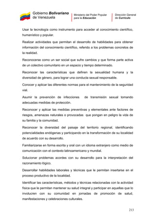 Gobierno Bolivariano
de Venezuela
Ministerio del Poder Popular
para la Educación
Dirección General
de Currículo
Usar la tecnología como instrumento para acceder al conocimiento científico,
humanístico y popular.
Realizar actividades que permitan el desarrollo de habilidades para obtener
información del conocimiento científico, referido a los problemas concretos de
la realidad.
Reconocerse como un ser social que sufre cambios y que forma parte activa
de un colectivo comunitario en un espacio y tiempo determinado.
Reconocer las características que definen la sexualidad humana y la
diversidad de género, para lograr una conducta sexual responsable.
Conocer y aplicar las diferentes normas para el mantenimiento de la seguridad
vial.
Asumir la prevención de infecciones de transmisión sexual tomando
adecuadas medidas de protección.
Reconocer y aplicar las medidas preventivas y elementales ante factores de
riesgos, amenazas naturales o provocadas que pongan en peligro la vida de
su familia y la comunidad.
Reconocer la diversidad del paisaje del territorio regional, identificando
potencialidades endógenas y participando en la transformación de su localidad
de acuerdo con su desarrollo.
Familiarizarse en forma escrita y oral con un idioma extranjero como medio de
comunicación con el contexto latinoamericano y mundial.
Solucionar problemas acordes con su desarrollo para la interpretación del
razonamiento lógico.
Desarrollar habilidades laborales y técnicas que le permitan insertarse en el
proceso productivo de la localidad.
Identificar las características, métodos y técnicas relacionadas con la actividad
física que le permitan mantener su salud integral y participar en aquellas que lo
involucren con su comunidad en jornadas de promoción de salud,
manifestaciones y celebraciones culturales.
213
 