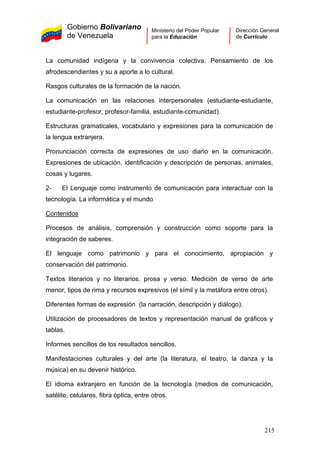 Gobierno Bolivariano
de Venezuela
Ministerio del Poder Popular
para la Educación
Dirección General
de Currículo
La comunidad indígena y la convivencia colectiva. Pensamiento de los
afrodescendientes y su a aporte a lo cultural.
Rasgos culturales de la formación de la nación.
La comunicación en las relaciones interpersonales (estudiante-estudiante,
estudiante-profesor, profesor-familia, estudiante-comunidad).
Estructuras gramaticales, vocabulario y expresiones para la comunicación de
la lengua extranjera.
Pronunciación correcta de expresiones de uso diario en la comunicación.
Expresiones de ubicación, identificación y descripción de personas, animales,
cosas y lugares.
2- El Lenguaje como instrumento de comunicación para interactuar con la
tecnología. La informática y el mundo
Contenidos
Procesos de análisis, comprensión y construcción como soporte para la
integración de saberes.
El lenguaje como patrimonio y para el conocimiento, apropiación y
conservación del patrimonio.
Textos literarios y no literarios. prosa y verso. Medición de verso de arte
menor, tipos de rima y recursos expresivos (el símil y la metáfora entre otros).
Diferentes formas de expresión (la narración, descripción y diálogo).
Utilización de procesadores de textos y representación manual de gráficos y
tablas.
Informes sencillos de los resultados sencillos.
Manifestaciones culturales y del arte (la literatura, el teatro, la danza y la
música) en su devenir histórico.
El idioma extranjero en función de la tecnología (medios de comunicación,
satélite, celulares, fibra óptica, entre otros.
215
 