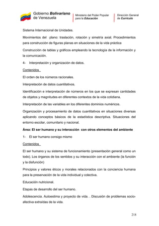 Gobierno Bolivariano
de Venezuela
Ministerio del Poder Popular
para la Educación
Dirección General
de Currículo
Sistema Internacional de Unidades.
Movimientos del plano: traslación, rotación y simetría axial. Procedimientos
para construcción de figuras planas en situaciones de la vida práctica
Construcción de tablas y gráficos empleando la tecnología de la información y
la comunicación.
4- Interpretación y organización de datos.
Contenidos
El orden de los números racionales.
Interpretación de datos cuantitativos.
Identificación e interpretación de números en los que se expresan cantidades
de objetos y magnitudes en diferentes contextos de la vida cotidiana.
Interpretación de las variables en los diferentes dominios numéricos.
Organización y procesamiento de datos cuantitativos en situaciones diversas
aplicando conceptos básicos de la estadística descriptiva. Situaciones del
entorno escolar, comunitario y nacional.
Área: El ser humano y su interacción con otros elementos del ambiente
1- El ser humano consigo mismo
Contenidos
El ser humano y su sistema de funcionamiento (presentación general como un
todo). Los órganos de los sentidos y su interacción con el ambiente (la función
y la disfunción)
Principios y valores éticos y morales relacionados con la conciencia humana
para la preservación de la vida individual y colectiva.
Educación nutricional.
Etapas de desarrollo del ser humano.
Adolescencia. Autoestima y proyecto de vida. . Discusión de problemas socio-
afectiva extraídas de la vida.
218
 