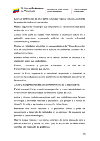 Gobierno Bolivariano
de Venezuela
Ministerio del Poder Popular
para la Educación
Dirección General
de Currículo
Expresar sentimientos de amor por la comunidad regional y el país, asumiendo
la apropiación de los valores sociales.
Mostrar seguridad y respeto por sus compañeros(as) valorando el papel social
de la mujer en el país.
Aceptar como parte de nuestro valor nacional la diversidad cultural de la
población venezolana, expresando actitudes de respeto solidaridad,
autoafirmación y honestidad.
Mostrar las habilidades adquiridas en su aprendizaje de la TIC que le permitan
usar el conocimiento científico en la solución de problemas concretos de la
realidad comunitaria.
Realizar análisis crítico y reflexivo de la realidad usando los recursos a su
disposición según sus posibilidades.
Evaluar, comprender y participar activamente, a su nivel en las
transformaciones sociales que ocurren.
Asumir de forma responsable su sexualidad, respetando la diversidad de
género en la conducta que asume diariamente en la institución educativa y en
la comunidad.
Aplicar y divulgar las medidas para el mantenimiento de la seguridad vial.
Participar en actividades educativas que permitan la prevención de infecciones
de transmisión sexual apoyados por el sistema público de salud.
Aplicar y divulgar medidas preventivas según sus posibilidades ante factores
de riesgos y amenazas naturales o provocadas, que pongan a la nación en
situación de peligro, ayudando a la protección del ambiente.
Manifestar una actitud favorable a la producción laboral a partir del
conocimiento y desarrollo de habilidades en las ciencias y la tecnología que
permitan el desarrollo endógeno.
Usar la lengua materna y un idioma extranjero de forma adecuada para la
comunicación oral y escrita, así como para la adquisición del conocimiento
científico y la resolución de problemas.
226
 