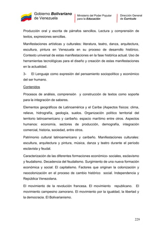 Gobierno Bolivariano
de Venezuela
Ministerio del Poder Popular
para la Educación
Dirección General
de Currículo
Producción oral y escrita de párrafos sencillos. Lectura y comprensión de
textos, expresiones sencillas.
Manifestaciones artísticas y culturales: literatura, teatro, danza, arquitectura,
escultura, pintura en Venezuela en su proceso de desarrollo histórico.
Contexto universal de estas manifestaciones en la fase histórica actual. Uso de
herramientas tecnológicas para el diseño y creación de estas manifestaciones
en la actualidad.
3- El Lenguaje como expresión del pensamiento sociopolítico y económico
del ser humano.
Contenidos
Procesos de análisis, comprensión y construcción de textos como soporte
para la integración de saberes.
Elementos geográficos de Latinoamérica y el Caribe (Aspectos físicos: clima,
relieve, hidrografía, geología, suelos. Organización político territorial del
territorio latinoamericano y caribeño. espacio marítimo entre otros. Aspectos
humanos: economía, sectores de producción, demografía, integración
comercial, historia, sociedad, entre otros.
Patrimonio cultural latinoamericano y caribeño. Manifestaciones culturales:
escultura, arquitectura y pintura, música, danza y teatro durante el período
esclavista y feudal.
Caracterización de las diferentes formaciones económico- sociales, esclavismo
y feudalismo. Decadencia del feudalismo. Surgimiento de una nueva formación
económica y social: El capitalismo. Factores que originan la colonización y
neocolonización en el proceso de cambio histórico social. Independencia y
República Venezolana.
El movimiento de la revolución francesa. El movimiento republicano. El
movimiento campesino zamorano. El movimiento por la igualdad, la libertad y
la democracia. El Bolivarianismo.
229
 