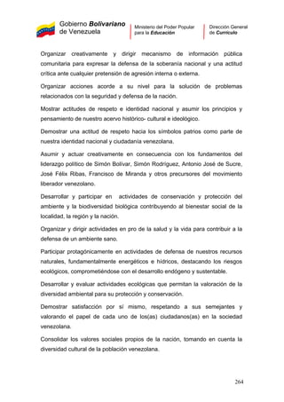 Gobierno Bolivariano
de Venezuela
Ministerio del Poder Popular
para la Educación
Dirección General
de Currículo
Organizar creativamente y dirigir mecanismo de información pública
comunitaria para expresar la defensa de la soberanía nacional y una actitud
crítica ante cualquier pretensión de agresión interna o externa.
Organizar acciones acorde a su nivel para la solución de problemas
relacionados con la seguridad y defensa de la nación.
Mostrar actitudes de respeto e identidad nacional y asumir los principios y
pensamiento de nuestro acervo histórico- cultural e ideológico.
Demostrar una actitud de respeto hacia los símbolos patrios como parte de
nuestra identidad nacional y ciudadanía venezolana.
Asumir y actuar creativamente en consecuencia con los fundamentos del
liderazgo político de Simón Bolívar, Simón Rodríguez, Antonio José de Sucre,
José Félix Ribas, Francisco de Miranda y otros precursores del movimiento
liberador venezolano.
Desarrollar y participar en actividades de conservación y protección del
ambiente y la biodiversidad biológica contribuyendo al bienestar social de la
localidad, la región y la nación.
Organizar y dirigir actividades en pro de la salud y la vida para contribuir a la
defensa de un ambiente sano.
Participar protagónicamente en actividades de defensa de nuestros recursos
naturales, fundamentalmente energéticos e hídricos, destacando los riesgos
ecológicos, comprometiéndose con el desarrollo endógeno y sustentable.
Desarrollar y evaluar actividades ecológicas que permitan la valoración de la
diversidad ambiental para su protección y conservación.
Demostrar satisfacción por sí mismo, respetando a sus semejantes y
valorando el papel de cada uno de los(as) ciudadanos(as) en la sociedad
venezolana.
Consolidar los valores sociales propios de la nación, tomando en cuenta la
diversidad cultural de la población venezolana.
264
 