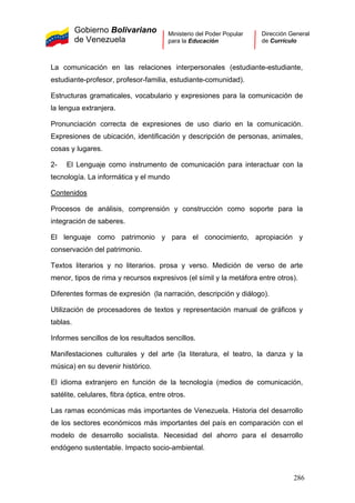 Gobierno Bolivariano
de Venezuela
Ministerio del Poder Popular
para la Educación
Dirección General
de Currículo
La comunicación en las relaciones interpersonales (estudiante-estudiante,
estudiante-profesor, profesor-familia, estudiante-comunidad).
Estructuras gramaticales, vocabulario y expresiones para la comunicación de
la lengua extranjera.
Pronunciación correcta de expresiones de uso diario en la comunicación.
Expresiones de ubicación, identificación y descripción de personas, animales,
cosas y lugares.
2- El Lenguaje como instrumento de comunicación para interactuar con la
tecnología. La informática y el mundo
Contenidos
Procesos de análisis, comprensión y construcción como soporte para la
integración de saberes.
El lenguaje como patrimonio y para el conocimiento, apropiación y
conservación del patrimonio.
Textos literarios y no literarios. prosa y verso. Medición de verso de arte
menor, tipos de rima y recursos expresivos (el símil y la metáfora entre otros).
Diferentes formas de expresión (la narración, descripción y diálogo).
Utilización de procesadores de textos y representación manual de gráficos y
tablas.
Informes sencillos de los resultados sencillos.
Manifestaciones culturales y del arte (la literatura, el teatro, la danza y la
música) en su devenir histórico.
El idioma extranjero en función de la tecnología (medios de comunicación,
satélite, celulares, fibra óptica, entre otros.
Las ramas económicas más importantes de Venezuela. Historia del desarrollo
de los sectores económicos más importantes del país en comparación con el
modelo de desarrollo socialista. Necesidad del ahorro para el desarrollo
endógeno sustentable. Impacto socio-ambiental.
286
 