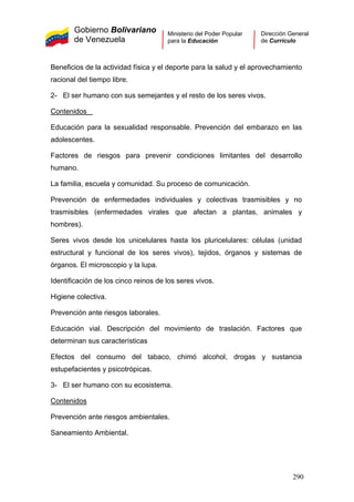 Gobierno Bolivariano
de Venezuela
Ministerio del Poder Popular
para la Educación
Dirección General
de Currículo
Beneficios de la actividad física y el deporte para la salud y el aprovechamiento
racional del tiempo libre.
2- El ser humano con sus semejantes y el resto de los seres vivos.
Contenidos
Educación para la sexualidad responsable. Prevención del embarazo en las
adolescentes.
Factores de riesgos para prevenir condiciones limitantes del desarrollo
humano.
La familia, escuela y comunidad. Su proceso de comunicación.
Prevención de enfermedades individuales y colectivas trasmisibles y no
trasmisibles (enfermedades virales que afectan a plantas, animales y
hombres).
Seres vivos desde los unicelulares hasta los pluricelulares: células (unidad
estructural y funcional de los seres vivos), tejidos, órganos y sistemas de
órganos. El microscopio y la lupa.
Identificación de los cinco reinos de los seres vivos.
Higiene colectiva.
Prevención ante riesgos laborales.
Educación vial. Descripción del movimiento de traslación. Factores que
determinan sus características
Efectos del consumo del tabaco, chimó alcohol, drogas y sustancia
estupefacientes y psicotrópicas.
3- El ser humano con su ecosistema.
Contenidos
Prevención ante riesgos ambientales.
Saneamiento Ambiental.
290
 