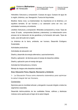 Gobierno Bolivariano
de Venezuela
Ministerio del Poder Popular
para la Educación
Dirección General
de Currículo
Hidrosfera: Estructura y composición. Cuerpos de agua. Cuerpos de agua de
tu región, dinámica, uso. Navegación, Fuerza de Arquímedes.
Biosfera: Seres vivos. La biodiversidad. Su importancia en la dinámica y el
equilibrio terrestre. El ser humano y su valoración como ser vivo. Las
actividades humanas y el ambiente.
Litosfera: Estructura y composición. Minerales (composición) y rocas. Tipos de
rocas. El suelo, componentes (factores y elementos). La meteorización como
proceso de la interacción de las geosferas y la formación del suelo. Tipos de
suelo, usos del suelo de tu región.
La dinámica de la tierra, ambiente, ser humano. Desarrollo Endógeno
Sustentable.
Actividades productivas:
Actividades de educación vial
Diseño y desarrollo de energía alternativa y aprovechamiento
Diseño y aplicación de técnicas para el manejo de desechos sólidos
Diseño y aplicación para el manejo del agua
Actividad de hidrocarburos y minería
Manejo de riesgos ante desastres naturales
Área: Educación Física, Deporte, Recreación y Ambiente
1- La Educación Física como elemento sistemático para optimizar
la salud integral del ser Humano.
Contenidos
Ejercicios para la movilidad articular y elongación muscular dirigido a todos los
segmentos corporales.
Desarrollo teórico-práctico de las cualidades físicas, volitivas y destrezas
motoras como aporte para el logro de la salud integral.
292
 