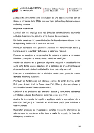 Gobierno Bolivariano
de Venezuela
Ministerio del Poder Popular
para la Educación
Dirección General
de Currículo
participando activamente en la construcción de una sociedad acorde con los
ideales y principios de la CRBV con una visión del contexto latinoamericano,
caribeño y universal.
Objetivos específicos
Expresar con un lenguaje claro los principios constitucionales asumiendo
actitudes de compromiso colectivo en la defensa de nuestro país.
Manifestar su opinión con una actitud crítica frente acciones que atenten contra
la seguridad y defensa de la soberanía nacional.
Promover actividades que garanticen procesos de transformación social y
humana, para la seguridad y defensa de la soberanía nacional.
Expresar los principios y pensamientos de nuestros ancestros y personajes
históricos como parte de nuestro acervo histórico e ideológico.
Valorar los saberes de la población originaria: indígena y afrodescendiente
como parte de los saberes populares en la aplicación de procedimientos para
el aprovechamiento de la diversidad del territorio regional y nacional.
Promover el conocimiento de los símbolos patrios como parte de nuestra
identidad nacional y ciudadana.
Promover los fundamentos del liderazgo político de Simón Bolívar, Simón
Rodríguez, Antonio José de Sucre, José Félix Ribas y otros propulsores y
actores del movimiento liberador venezolano.
Contribuir a la protección del ambiente escolar y comunitario realizando
actividades en busca de soluciones concretas acorde a su nivel.
Analizar la importancia del equilibrio ecológico dada la complejidad de la
diversidad biológica y su desarrollo en el ambiente propio para mantener la
vida del planeta.
Desarrollar procesos de investigación sencillos buscando alternativas de
solución para los problemas ambientales a través de proyecto de desarrollo
endógeno y sustentable.
296
 
