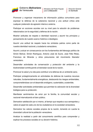 Gobierno Bolivariano
de Venezuela
Ministerio del Poder Popular
para la Educación
Dirección General
de Currículo
Promover y organizar mecanismo de información pública comunitaria para
expresar la defensa de la soberanía nacional y una actitud crítica ante
cualquier pretensión de agresión interna o externa.
Participar en acciones acordes con su nivel para la solución de problemas
relacionados con la seguridad y defensa de la nación.
Mostrar actitudes de respeto e identidad nacional y asumir los principios y
pensamiento de nuestro acervo histórico e ideológico.
Asumir una actitud de respeto hacia los símbolos patrios como parte de
nuestra identidad nacional y ciudadanía venezolana.
Asumir y actuar en consecuencia con los fundamentos del liderazgo político de
Simón Bolívar, Simón Rodríguez, Antonio José de Sucre, José Félix Ribas,
Francisco de Miranda y otros precursores del movimiento liberador
venezolano.
Desarrollar actividades de conservación y protección del ambiente y la
biodiversidad contribuyendo al bienestar social de la nación.
Promover la salud y la vida para contribuir a la defensa de un ambiente sano.
Participar protagónicamente en actividades de defensa de nuestros recursos
naturales, fundamentalmente energéticos, destacando los riesgos ambientales,
comprometiéndose con el desarrollo endógeno, sustentable y sostenible.
Desarrollar actividades ambientales que permitan la valoración de la diversidad
biológica para su protección.
Manifestar sentimientos de amor por la familia, la comunidad escolar y
nacional internalizando el bien público.
Demostrar satisfacción por sí mismo, al tiempo que respeta a sus semejantes y
valora el papel de cada uno de los ciudadanos en la sociedad venezolana.
Demostrar los valores sociales propios de la nación, tomando en cuenta la
diversidad cultural de la población venezolana.
Analizar la realidad a partir del conocimiento científico para comprender y
explicar los procesos sociales en su devenir histórico.
322
 