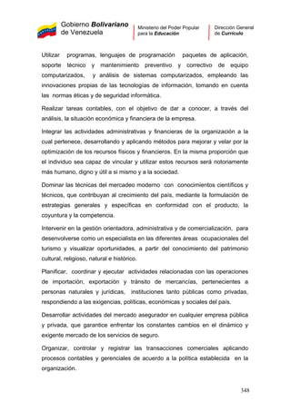 Gobierno Bolivariano
de Venezuela
Ministerio del Poder Popular
para la Educación
Dirección General
de Currículo
Utilizar programas, lenguajes de programación paquetes de aplicación,
soporte técnico y mantenimiento preventivo y correctivo de equipo
computarizados, y análisis de sistemas computarizados, empleando las
innovaciones propias de las tecnologías de información, tomando en cuenta
las normas éticas y de seguridad informática.
Realizar tareas contables, con el objetivo de dar a conocer, a través del
análisis, la situación económica y financiera de la empresa.
Integrar las actividades administrativas y financieras de la organización a la
cual pertenece, desarrollando y aplicando métodos para mejorar y velar por la
optimización de los recursos físicos y financieros. En la misma proporción que
el individuo sea capaz de vincular y utilizar estos recursos será notoriamente
más humano, digno y útil a si mismo y a la sociedad.
Dominar las técnicas del mercadeo moderno con conocimientos científicos y
técnicos, que contribuyan al crecimiento del país, mediante la formulación de
estrategias generales y específicas en conformidad con el producto, la
coyuntura y la competencia.
Intervenir en la gestión orientadora, administrativa y de comercialización, para
desenvolverse como un especialista en las diferentes áreas ocupacionales del
turismo y visualizar oportunidades, a partir del conocimiento del patrimonio
cultural, religioso, natural e histórico.
Planificar, coordinar y ejecutar actividades relacionadas con las operaciones
de importación, exportación y tránsito de mercancías, pertenecientes a
personas naturales y jurídicas, instituciones tanto públicas como privadas,
respondiendo a las exigencias, políticas, económicas y sociales del país.
Desarrollar actividades del mercado asegurador en cualquier empresa pública
y privada, que garantice enfrentar los constantes cambios en el dinámico y
exigente mercado de los servicios de seguro.
Organizar, controlar y registrar las transacciones comerciales aplicando
procesos contables y gerenciales de acuerdo a la política establecida en la
organización.
348
 