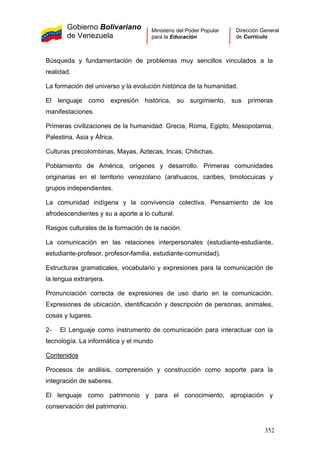 Gobierno Bolivariano
de Venezuela
Ministerio del Poder Popular
para la Educación
Dirección General
de Currículo
Búsqueda y fundamentación de problemas muy sencillos vinculados a la
realidad.
La formación del universo y la evolución histórica de la humanidad.
El lenguaje como expresión histórica, su surgimiento, sus primeras
manifestaciones.
Primeras civilizaciones de la humanidad: Grecia, Roma, Egipto, Mesopotamia,
Palestina, Asia y África.
Culturas precolombinas, Mayas, Aztecas, Incas, Chibchas.
Poblamiento de América, orígenes y desarrollo. Primeras comunidades
originarias en el territorio venezolano (arahuacos, caribes, timotocuicas y
grupos independientes.
La comunidad indígena y la convivencia colectiva. Pensamiento de los
afrodescendientes y su a aporte a lo cultural.
Rasgos culturales de la formación de la nación.
La comunicación en las relaciones interpersonales (estudiante-estudiante,
estudiante-profesor, profesor-familia, estudiante-comunidad).
Estructuras gramaticales, vocabulario y expresiones para la comunicación de
la lengua extranjera.
Pronunciación correcta de expresiones de uso diario en la comunicación.
Expresiones de ubicación, identificación y descripción de personas, animales,
cosas y lugares.
2- El Lenguaje como instrumento de comunicación para interactuar con la
tecnología. La informática y el mundo
Contenidos
Procesos de análisis, comprensión y construcción como soporte para la
integración de saberes.
El lenguaje como patrimonio y para el conocimiento, apropiación y
conservación del patrimonio.
352
 