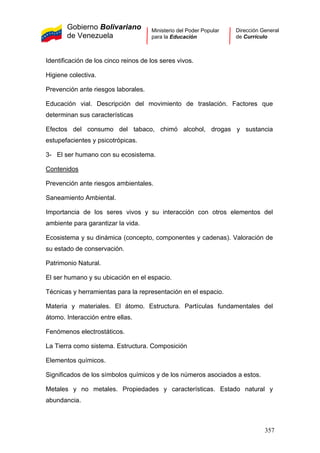Gobierno Bolivariano
de Venezuela
Ministerio del Poder Popular
para la Educación
Dirección General
de Currículo
Identificación de los cinco reinos de los seres vivos.
Higiene colectiva.
Prevención ante riesgos laborales.
Educación vial. Descripción del movimiento de traslación. Factores que
determinan sus características
Efectos del consumo del tabaco, chimó alcohol, drogas y sustancia
estupefacientes y psicotrópicas.
3- El ser humano con su ecosistema.
Contenidos
Prevención ante riesgos ambientales.
Saneamiento Ambiental.
Importancia de los seres vivos y su interacción con otros elementos del
ambiente para garantizar la vida.
Ecosistema y su dinámica (concepto, componentes y cadenas). Valoración de
su estado de conservación.
Patrimonio Natural.
El ser humano y su ubicación en el espacio.
Técnicas y herramientas para la representación en el espacio.
Materia y materiales. El átomo. Estructura. Partículas fundamentales del
átomo. Interacción entre ellas.
Fenómenos electrostáticos.
La Tierra como sistema. Estructura. Composición
Elementos químicos.
Significados de los símbolos químicos y de los números asociados a estos.
Metales y no metales. Propiedades y características. Estado natural y
abundancia.
357
 