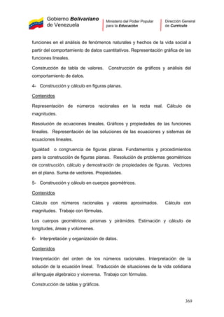 Gobierno Bolivariano
de Venezuela
Ministerio del Poder Popular
para la Educación
Dirección General
de Currículo
funciones en el análisis de fenómenos naturales y hechos de la vida social a
partir del comportamiento de datos cuantitativos. Representación gráfica de las
funciones lineales.
Construcción de tabla de valores. Construcción de gráficos y análisis del
comportamiento de datos.
4- Construcción y cálculo en figuras planas.
Contenidos
Representación de números racionales en la recta real. Cálculo de
magnitudes.
Resolución de ecuaciones lineales. Gráficos y propiedades de las funciones
lineales. Representación de las soluciones de las ecuaciones y sistemas de
ecuaciones lineales.
Igualdad o congruencia de figuras planas. Fundamentos y procedimientos
para la construcción de figuras planas. Resolución de problemas geométricos
de construcción, cálculo y demostración de propiedades de figuras. Vectores
en el plano. Suma de vectores. Propiedades.
5- Construcción y cálculo en cuerpos geométricos.
Contenidos
Cálculo con números racionales y valores aproximados. Cálculo con
magnitudes. Trabajo con fórmulas.
Los cuerpos geométricos: prismas y pirámides. Estimación y cálculo de
longitudes, áreas y volúmenes.
6- Interpretación y organización de datos.
Contenidos
Interpretación del orden de los números racionales. Interpretación de la
solución de la ecuación lineal. Traducción de situaciones de la vida cotidiana
al lenguaje algebraico y viceversa. Trabajo con fórmulas.
Construcción de tablas y gráficos.
369
 
