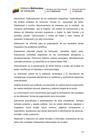 Gobierno Bolivariano
de Venezuela
Ministerio del Poder Popular
para la Educación
Dirección General
de Currículo
informativos. Sistematización de los contenidos ortográficos. Sistematización
del análisis sintáctico de oraciones. Formas no personales del verbo.
Clasificación y función. Reconocimiento de oraciones por la cantidad de
oraciones gramaticales que la integran. Los medios de comunicación y los
efectos de diferentes recursos expresivos y orales: la radio liceísta y el
periódico escolar. Comunicación a través de redes y otros medios de
expresión: la televisión y la radio comunitaria.
Elaboración de informes para la presentación de los resultados dando
respuesta a los problemas científicos.
Expresiones culturales propias de Venezuela (localidad, región, país).
Expresiones simbólicas lingüísticas de las comunidades aborígenes y
afrodescendientes. Patrimonio histórico cultural venezolano. Manifestaciones
culturales artísticas y su desarrollo en la colonia desde 1830.
Profundización en el pensamiento de Simón Bolívar a través del análisis de
textos escritos por el Libertador y otros personajes.
La diversidad cultural de la población venezolana y la interrelación del
ciudadano(a) venezolana atendiendo a lo multiétnico y multicultural (relaciones
interculturales).
Análisis de textos que conllevan a la educación en valores para la preservación
de nuestra identidad nacional, soberanía y defensa integral de la nación.
La comunicación como herramienta para lograr la participación del ciudadano
en las diferentes formas de organización de la comunidad.
Estructuras gramaticales y sistematización de años precedentes. Tiempos
verbales presente y pasado prefecto. Uso de verbos defectivos regulares e
irregulares, futuro simple, futuro continuo, adjetivos comparativos y
superlativos. Expresiones que ubican descripción e identificación de personas,
animales, cosas y personas.
Redacción y traducción de cartas formales e informales. Expresiones de uso
diario más complejas. Expresiones relacionadas con la salud.
379
 