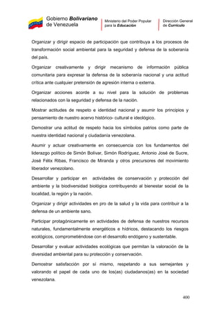 Gobierno Bolivariano
de Venezuela
Ministerio del Poder Popular
para la Educación
Dirección General
de Currículo
Organizar y dirigir espacio de participación que contribuya a los procesos de
transformación social ambiental para la seguridad y defensa de la soberanía
del país.
Organizar creativamente y dirigir mecanismo de información pública
comunitaria para expresar la defensa de la soberanía nacional y una actitud
crítica ante cualquier pretensión de agresión interna o externa.
Organizar acciones acorde a su nivel para la solución de problemas
relacionados con la seguridad y defensa de la nación.
Mostrar actitudes de respeto e identidad nacional y asumir los principios y
pensamiento de nuestro acervo histórico- cultural e ideológico.
Demostrar una actitud de respeto hacia los símbolos patrios como parte de
nuestra identidad nacional y ciudadanía venezolana.
Asumir y actuar creativamente en consecuencia con los fundamentos del
liderazgo político de Simón Bolívar, Simón Rodríguez, Antonio José de Sucre,
José Félix Ribas, Francisco de Miranda y otros precursores del movimiento
liberador venezolano.
Desarrollar y participar en actividades de conservación y protección del
ambiente y la biodiversidad biológica contribuyendo al bienestar social de la
localidad, la región y la nación.
Organizar y dirigir actividades en pro de la salud y la vida para contribuir a la
defensa de un ambiente sano.
Participar protagónicamente en actividades de defensa de nuestros recursos
naturales, fundamentalmente energéticos e hídricos, destacando los riesgos
ecológicos, comprometiéndose con el desarrollo endógeno y sustentable.
Desarrollar y evaluar actividades ecológicas que permitan la valoración de la
diversidad ambiental para su protección y conservación.
Demostrar satisfacción por sí mismo, respetando a sus semejantes y
valorando el papel de cada uno de los(as) ciudadanos(as) en la sociedad
venezolana.
400
 