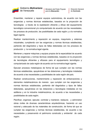 Gobierno Bolivariano
de Venezuela
Ministerio del Poder Popular
para la Educación
Dirección General
de Currículo
Ensamblar, mantener y reparar equipos automotores, de acuerdo con las
exigencias y normas técnicas establecidas, basados en la proyección de
tecnologías a través de la explotación eficiente y eficaz del equipamiento
tecnológico convencional y/o computarizado de acuerdo con las necesidades,
los procesos de producción, las posibilidades de cada región y a la normativa
legal vigente.
Realizar mantenimiento y reparación en equipos, maquinaria y sistemas
industriales, cumpliendo con las exigencias y normas técnicas establecidas,
partiendo del diagnóstico y tipos de fallas detectadas con los procesos de
producción y la normativa legal vigente.
Mantener y reparar máquinas y equipos propios de la especialidad de acuerdo
con las exigencias y normas técnicas establecidas, basados en la proyección
de tecnologías eficientes y eficaces para el equipamiento tecnológico y
computarizado de cada región de acuerdo con la normativa legal vigente.
Ejecutar procesos metalúrgicos de forma tal que cumplan con las normas
técnicas establecidas, apoyándose en las dotaciones y tecnologías instaladas
de acuerdo a las necesidades y posibilidades de cada región del país.
Realizar construcciones, mantenimiento y reparación de embarcaciones y
elementos metalmecánicos de manera que cumplan con las exigencias y
normas técnicas establecidas, partiendo del diagnóstico y tipos de fallas
detectadas, apoyándose en las dotaciones y tecnologías instaladas en los
astilleros y en la industria metalmecánica, de acuerdo a las necesidades y
posibilidades de cada región.
Planificar, organizar, ejecutar, controlar y mantener, restaurar, y administrar
obras civiles de diversas características arquitectónicas, haciendo un uso
racional y adecuado de los materiales de construcción, de forma tal que se
cumplan las exigencias y normas técnicas establecidas, de acuerdo a las
necesidades y preservando el patrimonio construido y ambiental de cada
región.
414
 