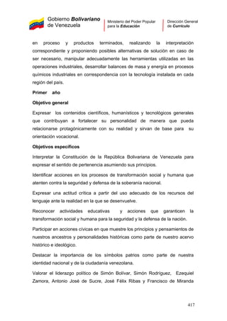 Gobierno Bolivariano
de Venezuela
Ministerio del Poder Popular
para la Educación
Dirección General
de Currículo
en proceso y productos terminados, realizando la interpretación
correspondiente y proponiendo posibles alternativas de solución en caso de
ser necesario, manipular adecuadamente las herramientas utilizadas en las
operaciones industriales, desarrollar balances de masa y energía en procesos
químicos industriales en correspondencia con la tecnología instalada en cada
región del país.
Primer año
Objetivo general
Expresar los contenidos científicos, humanísticos y tecnológicos generales
que contribuyan a fortalecer su personalidad de manera que pueda
relacionarse protagónicamente con su realidad y sirvan de base para su
orientación vocacional.
Objetivos específicos
Interpretar la Constitución de la República Bolivariana de Venezuela para
expresar el sentido de pertenencia asumiendo sus principios.
Identificar acciones en los procesos de transformación social y humana que
atenten contra la seguridad y defensa de la soberanía nacional.
Expresar una actitud crítica a partir del uso adecuado de los recursos del
lenguaje ante la realidad en la que se desenvuelve.
Reconocer actividades educativas y acciones que garanticen la
transformación social y humana para la seguridad y la defensa de la nación.
Participar en acciones cívicas en que muestre los principios y pensamientos de
nuestros ancestros y personalidades históricas como parte de nuestro acervo
histórico e ideológico.
Destacar la importancia de los símbolos patrios como parte de nuestra
identidad nacional y de la ciudadanía venezolana.
Valorar el liderazgo político de Simón Bolívar, Simón Rodríguez, Ezequiel
Zamora, Antonio José de Sucre, José Félix Ribas y Francisco de Miranda
417
 