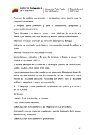 Gobierno Bolivariano
de Venezuela
Ministerio del Poder Popular
para la Educación
Dirección General
de Currículo
Procesos de análisis, comprensión y construcción como soporte para la
integración de saberes.
El lenguaje como patrimonio y para el conocimiento, apropiación y
conservación del patrimonio.
Textos literarios y no literarios. prosa y verso. Medición de verso de arte
menor, tipos de rima y recursos expresivos (el símil y la metáfora entre otros).
Diferentes formas de expresión (la narración, descripción y diálogo).
Utilización de procesadores de textos y representación manual de gráficos y
tablas.
Informes sencillos de los resultados sencillos.
Manifestaciones culturales y del arte (la literatura, el teatro, la danza y la
música) en su devenir histórico.
El idioma extranjero en función de la tecnología (medios de comunicación,
satélite, celulares, fibra óptica, entre otros.
Las ramas económicas más importantes de Venezuela. Historia del desarrollo
de los sectores económicos más importantes del país en comparación con el
modelo de desarrollo socialista. Necesidad del ahorro para el desarrollo
endógeno sustentable. Impacto socio-ambiental.
3- El Lenguaje como expresión del pensamiento sociopolítico y económico
del ser humano.
Contenidos
La carta oficial, la anécdota y el resumen.
Otras producciones: el cuento.
Sistematización de los contenidos de ortografía del nivel precedente.
Acentuación, uso de grafemas, mayúsculas, uso del diccionario de la lengua,
de sinónimos y antónimos.
Sistematización de los contenidos gramaticales.
421
 