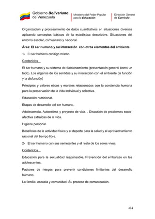 Gobierno Bolivariano
de Venezuela
Ministerio del Poder Popular
para la Educación
Dirección General
de Currículo
Organización y procesamiento de datos cuantitativos en situaciones diversas
aplicando conceptos básicos de la estadística descriptiva. Situaciones del
entorno escolar, comunitario y nacional.
Área: El ser humano y su interacción con otros elementos del ambiente
1- El ser humano consigo mismo
Contenidos
El ser humano y su sistema de funcionamiento (presentación general como un
todo). Los órganos de los sentidos y su interacción con el ambiente (la función
y la disfunción)
Principios y valores éticos y morales relacionados con la conciencia humana
para la preservación de la vida individual y colectiva.
Educación nutricional.
Etapas de desarrollo del ser humano.
Adolescencia. Autoestima y proyecto de vida. . Discusión de problemas socio-
afectiva extraídas de la vida.
Higiene personal.
Beneficios de la actividad física y el deporte para la salud y el aprovechamiento
racional del tiempo libre.
2- El ser humano con sus semejantes y el resto de los seres vivos.
Contenidos
Educación para la sexualidad responsable. Prevención del embarazo en las
adolescentes.
Factores de riesgos para prevenir condiciones limitantes del desarrollo
humano.
La familia, escuela y comunidad. Su proceso de comunicación.
424
 