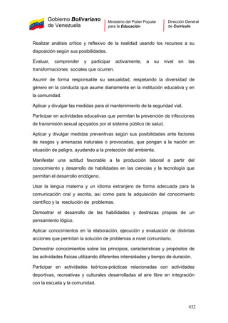 Gobierno Bolivariano
de Venezuela
Ministerio del Poder Popular
para la Educación
Dirección General
de Currículo
Realizar análisis crítico y reflexivo de la realidad usando los recursos a su
disposición según sus posibilidades.
Evaluar, comprender y participar activamente, a su nivel en las
transformaciones sociales que ocurren.
Asumir de forma responsable su sexualidad, respetando la diversidad de
género en la conducta que asume diariamente en la institución educativa y en
la comunidad.
Aplicar y divulgar las medidas para el mantenimiento de la seguridad vial.
Participar en actividades educativas que permitan la prevención de infecciones
de transmisión sexual apoyados por el sistema público de salud.
Aplicar y divulgar medidas preventivas según sus posibilidades ante factores
de riesgos y amenazas naturales o provocadas, que pongan a la nación en
situación de peligro, ayudando a la protección del ambiente.
Manifestar una actitud favorable a la producción laboral a partir del
conocimiento y desarrollo de habilidades en las ciencias y la tecnología que
permitan el desarrollo endógeno.
Usar la lengua materna y un idioma extranjero de forma adecuada para la
comunicación oral y escrita, así como para la adquisición del conocimiento
científico y la resolución de problemas.
Demostrar el desarrollo de las habilidades y destrezas propias de un
pensamiento lógico.
Aplicar conocimientos en la elaboración, ejecución y evaluación de distintas
acciones que permitan la solución de problemas a nivel comunitario.
Demostrar conocimientos sobre los principios, características y propósitos de
las actividades físicas utilizando diferentes intensidades y tiempo de duración.
Participar en actividades teóricos-prácticas relacionadas con actividades
deportivas, recreativas y culturales desarrolladas al aire libre en integración
con la escuela y la comunidad.
432
 
