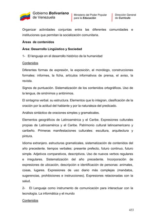 Gobierno Bolivariano
de Venezuela
Ministerio del Poder Popular
para la Educación
Dirección General
de Currículo
Organizar actividades conjuntas entra las diferentes comunidades e
instituciones que permitan la socialización comunitaria.
Áreas de contenidos
Área: Desarrollo Lingüístico y Sociedad
1- El lenguaje en el desarrollo histórico de la humanidad
Contenidos
Diferentes formas de expresión, la exposición, el monólogo, construcciones
formales: informes, la ficha, artículos informativos de prensa, el aviso, la
revista.
Signos de puntuación. Sistematización de los contenidos ortográficos. Uso de
la lengua, de sinónimos y antónimos.
El sintagma verbal. su estructura. Elementos que lo integran, clasificación de la
oración por la actitud del hablante y por la naturaleza del predicado.
Análisis sintáctico de oraciones simples y gramaticales.
Elementos geográficos de Latinoamérica y el Caribe. Expresiones culturales
propias de Latinoamérica y el Caribe. Patrimonio cultural latinoamericano y
caribeño. Primeras manifestaciones culturales: escultura, arquitectura y
pintura.
Idioma extranjero. estructuras gramaticales, sistematización de contenidos del
año precedente. tiempos verbales: presente prefecto, futuro continuo, futuro
simple. Adjetivos comparativos, descriptivos. Uso de nuevos verbos regulares
e irregulares. Sistematización del año precedente. Incorporación de
expresiones de ubicación, descripción e identificación de personas: animales,
cosas, lugares. Expresiones de uso diario más complejas (mandatos,
sugerencias, prohibiciones e instrucciones). Expresiones relacionadas con la
salud.
2- El Lenguaje como instrumento de comunicación para interactuar con la
tecnología. La informática y el mundo
Contenidos
433
 