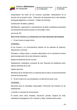 Gobierno Bolivariano
de Venezuela
Ministerio del Poder Popular
para la Educación
Dirección General
de Currículo
Interpretación del orden de los números racionales. Interpretación de la
solución de la ecuación lineal. Traducción de situaciones de la vida cotidiana
al lenguaje algebraico y viceversa. Trabajo con fórmulas.
Construcción de tablas y gráficos.
Identificación, organización y procesamiento de datos cuantitativos generados
de situaciones del entorno escolar, la comunidad u otros.
Uso de las TIC.
Área: El ser humano y su interacción con otros elementos del ambiente
1- El ser humano consigo mismo
Contenidos
El ser humano y su funcionamiento (estudio de los sistemas de órganos).
Reproductor y nervioso.
Principios y valores éticos y morales relacionados con la conciencia humana
para la preservación de la vida individual y colectiva.
Etapas de desarrollo del ser humano.
Adolescencia. Autoestima y proyecto de vida. Discusión de problemas socio-
afectiva extraídas de la vida.
Higiene personal.
Beneficios de la actividad física y el deporte para la salud y el aprovechamiento
racional de tiempo libre.
2- El ser humano con sus semejantes y el resto de los seres vivos.
Contenidos
Educación para la sexualidad responsable. Prevención del embrazo en las
adolescentes.
La familia, su proceso de comunicación.
El sonido como onda. Amplitud, frecuencia, período, longitud de onda,
velocidad de propagación). Eco. Audición y habla. Contaminación sónica.
438
 