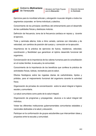Gobierno Bolivariano
de Venezuela
Ministerio del Poder Popular
para la Educación
Dirección General
de Currículo
Ejercicios para la movilidad articular y elongación muscular dirigido a todos los
segmentos corporales en forma individual y colectiva.
Conocimiento de los principios científicos del entrenamiento para el desarrollo
de las cualidades físicas y destrezas motoras.
Definición de frecuencia, toma de la frecuencia cardiaca en reposo y durante
el ejercicio.
Trote y caminata alterna, trote a ritmo variado, carreras con intervalos y de
velocidad, con cambios de posición del cuerpo y corrección en la ejecución.
Importancia de la práctica de ejercicios de fuerza, resistencia, velocidad,
coordinación y flexibilidad que garanticen el óptimo desarrollo funcional del
organismo.
Concienciación de la importancia de los valores humanos para la consolidación
en el núcleo familiar, la escuela y la comunidad.
Conocimiento de la importancia de los beneficios que conlleva la práctica de
actividades físicas, lúdicas, recreativas para la salud.
Efectos fisiológicos sobre las ingestas diarias de carbohidratos, lípidos y
prótidos, para el mejoramiento funcional del organismo durante la actividad
física.
Organización de jornadas de concientización sobre la salud integral e higiene
escolar y comunitaria.
La salud comunitaria como parte de la salud integral.
Organización de programas y propagandas alusivos a la salud integral del
individuo.
Visitar las diferentes instituciones gubernamentales comunitarias estadales y
nacionales dedicadas a la salud y educación.
Participar en la conformación de grupos estudiantiles que intercambien ideas y
proyectos entre la escuela y comunidad.
441
 