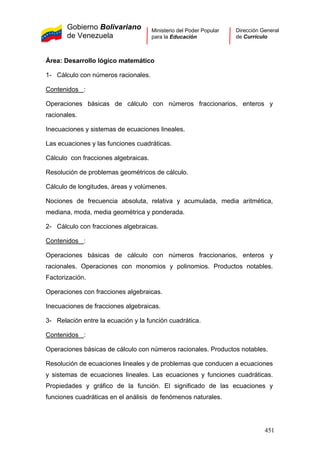 Gobierno Bolivariano
de Venezuela
Ministerio del Poder Popular
para la Educación
Dirección General
de Currículo
Área: Desarrollo lógico matemático
1- Cálculo con números racionales.
Contenidos :
Operaciones básicas de cálculo con números fraccionarios, enteros y
racionales.
Inecuaciones y sistemas de ecuaciones lineales.
Las ecuaciones y las funciones cuadráticas.
Cálculo con fracciones algebraicas.
Resolución de problemas geométricos de cálculo.
Cálculo de longitudes, áreas y volúmenes.
Nociones de frecuencia absoluta, relativa y acumulada, media aritmética,
mediana, moda, media geométrica y ponderada.
2- Cálculo con fracciones algebraicas.
Contenidos :
Operaciones básicas de cálculo con números fraccionarios, enteros y
racionales. Operaciones con monomios y polinomios. Productos notables.
Factorización.
Operaciones con fracciones algebraicas.
Inecuaciones de fracciones algebraicas.
3- Relación entre la ecuación y la función cuadrática.
Contenidos :
Operaciones básicas de cálculo con números racionales. Productos notables.
Resolución de ecuaciones lineales y de problemas que conducen a ecuaciones
y sistemas de ecuaciones lineales. Las ecuaciones y funciones cuadráticas.
Propiedades y gráfico de la función. El significado de las ecuaciones y
funciones cuadráticas en el análisis de fenómenos naturales.
451
 