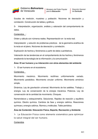Gobierno Bolivariano
de Venezuela
Ministerio del Poder Popular
para la Educación
Dirección General
de Currículo
Escalas de medición, muestreo y población. Nociones de desviación y
correlación. Construcción de tablas y gráficos.
5- Interpretación, organización, análisis y valoración del comportamiento de
datos.
Contenidos :
Orden y cálculo con números reales. Representación en la recta real.
Interpretación y solución de problemas prácticos de la geometría analítica de
la recta en el plano. Nociones de desviación y correlación.
Explicación de hechos y fenómenos a partir de datos cuantitativos.
Valoración de las tendencias en el comportamiento de los hechos y fenómenos
empleando la tecnología de la información y la comunicación.
Área: El ser humano y su interacción con otros elementos del ambiente
1- El ser humano en el ecosistema.
Contenidos
Movimiento mecánico. Movimiento rectilíneo uniformemente variado.
Movimiento parabólico. Movimiento circular uniforme. Movimiento armónico
simple.
Dinámica. Ley de gravitación universal. Movimiento de los satélites. Trabajo y
energía. Ley de conservación de la energía mecánica. Potencia. Ley de
conservación de la cantidad de movimiento. Choques.
Nomenclatura y estequiometría. Soluciones. Rapidez de reacción y equilibrio
químico. Electro química. Cambios de fase y energía calórica. Reacciones
químicas y energía calórica. Átomos y moléculas. Tabla periódica.
Área de Contenido: Educación Física, Deporte, Recreación y Ambiente
1- La Educación Física como elemento sistemático para optimizar
la salud integral del ser humano.
Contenidos
463
 