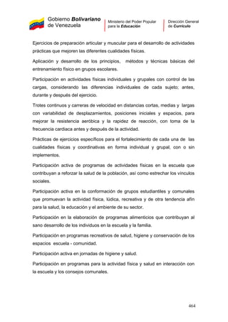 Gobierno Bolivariano
de Venezuela
Ministerio del Poder Popular
para la Educación
Dirección General
de Currículo
Ejercicios de preparación articular y muscular para el desarrollo de actividades
prácticas que mejoren las diferentes cualidades físicas.
Aplicación y desarrollo de los principios, métodos y técnicas básicas del
entrenamiento físico en grupos escolares.
Participación en actividades físicas individuales y grupales con control de las
cargas, considerando las diferencias individuales de cada sujeto; antes,
durante y después del ejercicio.
Trotes continuos y carreras de velocidad en distancias cortas, medias y largas
con variabilidad de desplazamientos, posiciones iniciales y espacios, para
mejorar la resistencia aeróbica y la rapidez de reacción, con toma de la
frecuencia cardiaca antes y después de la actividad.
Prácticas de ejercicios específicos para el fortalecimiento de cada una de las
cualidades físicas y coordinativas en forma individual y grupal, con o sin
implementos.
Participación activa de programas de actividades físicas en la escuela que
contribuyan a reforzar la salud de la población, así como estrechar los vínculos
sociales.
Participación activa en la conformación de grupos estudiantiles y comunales
que promuevan la actividad física, lúdica, recreativa y de otra tendencia afín
para la salud, la educación y el ambiente de su sector.
Participación en la elaboración de programas alimenticios que contribuyan al
sano desarrollo de los individuos en la escuela y la familia.
Participación en programas recreativos de salud, higiene y conservación de los
espacios escuela - comunidad.
Participación activa en jornadas de higiene y salud.
Participación en programas para la actividad física y salud en interacción con
la escuela y los consejos comunales.
464
 