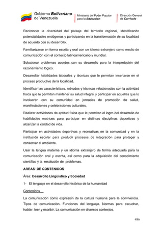 Gobierno Bolivariano
de Venezuela
Ministerio del Poder Popular
para la Educación
Dirección General
de Currículo
Reconocer la diversidad del paisaje del territorio regional, identificando
potencialidades endógenas y participando en la transformación de su localidad
de acuerdo con su desarrollo.
Familiarizarse en forma escrita y oral con un idioma extranjero como medio de
comunicación con el contexto latinoamericano y mundial.
Solucionar problemas acordes con su desarrollo para la interpretación del
razonamiento lógico.
Desarrollar habilidades laborales y técnicas que le permitan insertarse en el
proceso productivo de la localidad.
Identificar las características, métodos y técnicas relacionadas con la actividad
física que le permitan mantener su salud integral y participar en aquellas que lo
involucren con su comunidad en jornadas de promoción de salud,
manifestaciones y celebraciones culturales.
Realizar actividades de aptitud física que le permitan el logro del desarrollo de
habilidades motrices para participar en distintas disciplinas deportivas y
alcanzar la calidad de vida.
Participar en actividades deportivas y recreativas en la comunidad y en la
institución escolar para producir procesos de integración para proteger y
conservar el ambiente.
Usar la lengua materna y un idioma extranjero de forma adecuada para la
comunicación oral y escrita, así como para la adquisición del conocimiento
científico y la resolución de problemas.
AREAS DE CONTENIDOS
Área: Desarrollo Lingüístico y Sociedad
1- El lenguaje en el desarrollo histórico de la humanidad
Contenidos
La comunicación como expresión de la cultura humana para la convivencia.
Tipos de comunicación. Funciones del lenguaje. Normas para escuchar,
hablar, leer y escribir. La comunicación en diversos contextos.
486
 