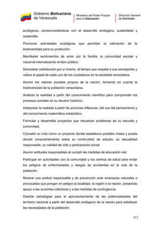 Gobierno Bolivariano
de Venezuela
Ministerio del Poder Popular
para la Educación
Dirección General
de Currículo
ecológicos, comprometiéndose con el desarrollo endógeno, sustentable y
sostenible.
Promover actividades ecológicas que permitan la valoración de la
biodiversidad para su protección.
Manifestar sentimientos de amor por la familia, la comunidad escolar y
nacional internalizando el bien público.
Demostrar satisfacción por sí mismo, al tiempo que respeta a sus semejantes y
valora el papel de cada uno de los ciudadanos en la sociedad venezolana.
Asumir los valores sociales propios de la nación, tomando en cuenta la
biodiversidad de la población venezolana.
Analizar la realidad a partir del conocimiento científico para comprender los
procesos sociales en su devenir histórico.
Interpretar la realidad a partir de acciones reflexivas, del uso del pensamiento y
del conocimiento matemático estadístico.
Formular y desarrollar proyectos que resuelvan problemas de su escuela y
comunidad.
Concebir su vida como un proyecto donde establezca posibles metas y pueda
decidir conscientemente sobre su continuidad de estudio, su sexualidad
responsable, su calidad de vida y participación social.
Asumir actitudes responsables al cumplir las medidas de educación vial.
Participar en actividades con la comunidad y los centros de salud para evitar
los peligros de enfermedades y riesgos de accidentes en la vida de la
población.
Mostrar una actitud responsable y de prevención ante amenazas naturales o
provocadas que pongan en peligro la localidad, la región o la nación, prestando
apoyo a las acciones colectivas y a las medidas de contingencia.
Diseñar estrategias para el aprovechamiento de las potencialidades del
territorio nacional a partir del desarrollo endógeno de la nación para satisfacer
las necesidades de la población.
512
 