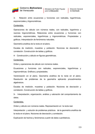 Gobierno Bolivariano
de Venezuela
Ministerio del Poder Popular
para la Educación
Dirección General
de Currículo
3- Relación entre ecuaciones y funciones con radicales, logarítmicas,
exponenciales y trigonométricas.
Contenidos
Operaciones de cálculo con números reales, con radicales, logaritmos y
razones trigonométricas. Relaciones entre ecuaciones y funciones con
radicales, exponenciales, logarítmicas y trigonométricas. Propiedades y
gráficos. Interpretación de fenómenos naturales.
Geometría analítica de la recta en el plano.
Escalas de medición, muestreo y población. Nociones de desviación y
correlación. Construcción de tablas y gráficos.
4- Construcción y cálculo en figuras geométricas.
Contenidos
Orden y operaciones de cálculo con números reales.
Ecuaciones y funciones con radicales, exponenciales, logarítmicas y
trigonométricas. Gráficos y propiedades.
Vectorización en el plano. Geometría analítica de la recta en el plano.
Resolución de problemas de la geometría aplicando procedimientos
algebraicos.
Escalas de medición, muestreo y población. Nociones de desviación y
correlación. Construcción de tablas y gráficos.
5- Interpretación, organización, análisis y valoración del comportamiento de
datos.
Contenidos
Orden y cálculo con números reales. Representación en la recta real.
Interpretación y solución de problemas prácticos de la geometría analítica de
la recta en el plano. Nociones de desviación y correlación.
Explicación de hechos y fenómenos a partir de datos cuantitativos.
529
 
