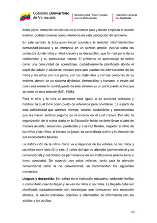 Gobierno Bolivariano
de Venezuela
Ministerio del Poder Popular
para la Educación
Dirección General
de Currículo
éstas vayan tomando conciencia de sí mismos (as) y donde empieza el mundo
exterior, podrán tomarse como referencia en esta percepción del ambiente.
En este sentido, la Educación Inicial considera la realidad niño/niña-familia-
comunidad-escuela y se interpreta en un sentido amplio: incluye todos los
contextos donde niños y niñas crecen y se desarrollan, que forman parte de su
cotidianidad y su aprendizaje natural. El ambiente de aprendizaje se define
como una comunidad de aprendizaje, cuidadosamente planificada donde el
papel del adulto y adulta es decisivo para que ocurran las interacciones de los
niños y las niñas con sus pares, con los materiales y con las personas de su
entorno, dentro de un sistema dinámico, democrático y humano, a través del
cual cada elemento constituyente de este sistema es un participante activo que
se nutre de esta relación (ME, 1986).
Para el niño y la niña el ambiente está ligado a su actividad cotidiana y
habitual, la cual toma como punto de referencia para orientarse. Es a partir de
esta cotidianidad que aprende normas, valores, costumbres y conocimientos
que les hacen sentirse seguros en el entorno en el cual crecen. Por ello, la
organización de la rutina diaria en la Educación Inicial se debe llevar a cabo de
manera estable, secuencial, predecible y a la vez flexible, respetar el ritmo de
los niños y las niñas, el tiempo de juego, de aprendizaje activo y la atención de
sus necesidades básicas.
La distribución de la rutina diaria va a depender de las edades de los niños y
las niñas entre cero (0) y seis (6) años del tipo de atención (convencional y no
convencional) y del horario de permanencia en las instituciones (medio turno o
turno completo). De acuerdo con estos criterios, tanto para la atención
convencional como la no convencional, se recomiendan los siguientes
momentos:
Llegada y despedida: Se realiza en la institución educativa, ambiente familiar
o comunitario cuando llegan y se van los niños y las niñas. La llegada debe ser
planificada cuidadosamente con estrategias que promuevan una recepción
afectiva, el saludo individual, colectivo e intercambio de información con los
adultos y las adultas.
64
 