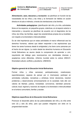 Gobierno Bolivariano
de Venezuela
Ministerio del Poder Popular
para la Educación
Dirección General
de Currículo
Alimentación, aseo, descanso y recreación: se planifican en función de las
necesidades de los niños y las niñas y la formación de hábitos en acción
directa en el aula e indirecta, a través de orientaciones a las familias.
Actividades pedagógicas: (planificación del niño y la niña, actividades
libres en los espacios, en pequeños grupos, colectivas, en el espacio exterior e
intercambio y recuento) se planifican de acuerdo con el diagnóstico de los
niños, las niñas, las familias, según las características propias de su localidad,
con respeto a la diversidad e interculturalidad.
Es de vital importancia que en estas actividades el marco referencial sea los
derechos humanos, valores que deben responder a las aspiraciones que
tienen los seres humanos desde la antigüedad y los tiene como personas por
el hecho de ser dignas. La visión desde los derechos humanos en Educación
Inicial Bolivariana se asume desde la comprensión de aprender a vivir,
requiriendo del diálogo para reconocernos con identidades diversas y
aceptarnos como diferentes. (Informe mundial sobre la cultura 2000-01:
Diversidad cultural, conflicto y pluralismo. UNESCO)
Objetivo general de la Educación Inicial Bolivariana
Formar niños y niñas sanos(as), participativos(as), creativos(as),
espontáneos(as), capaces de pensar por sí mismos(as); participar en
actividades culturales, recreativas y artísticas; tomar decisiones, resolver
problemas y desenvolverse armoniosamente en la sociedad; todo ello con
valores de libertad, justicia, honestidad, convivencia, identidad personal,
cultural, local, regional y nacional; de respeto a la diversidad e interculturalidad
en el entono comunitario, familiar y escolar.
Objetivos específicos de la Educación Inicial Bolivariana
Promover el desarrollo pleno de las potencialidades del niño y la niña entre
cero (0) y seis (6) años, para que puedan integrarse con éxito en la
progresividad escolar.
65
 
