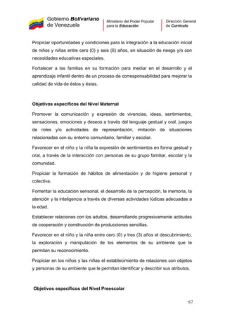 Gobierno Bolivariano
de Venezuela
Ministerio del Poder Popular
para la Educación
Dirección General
de Currículo
Propiciar oportunidades y condiciones para la integración a la educación inicial
de niños y niñas entre cero (0) y seis (6) años, en situación de riesgo y/o con
necesidades educativas especiales.
Fortalecer a las familias en su formación para mediar en el desarrollo y el
aprendizaje infantil dentro de un proceso de corresponsabilidad para mejorar la
calidad de vida de éstos y éstas.
Objetivos específicos del Nivel Maternal
Promover la comunicación y expresión de vivencias, ideas, sentimientos,
sensaciones, emociones y deseos a través del lenguaje gestual y oral, juegos
de roles y/o actividades de representación, imitación de situaciones
relacionadas con su entorno comunitario, familiar y escolar.
Favorecer en el niño y la niña la expresión de sentimientos en forma gestual y
oral, a través de la interacción con personas de su grupo familiar, escolar y la
comunidad.
Propiciar la formación de hábitos de alimentación y de higiene personal y
colectiva.
Fomentar la educación sensorial, el desarrollo de la percepción, la memoria, la
atención y la inteligencia a través de diversas actividades lúdicas adecuadas a
la edad.
Establecer relaciones con los adultos, desarrollando progresivamente actitudes
de cooperación y construcción de producciones sencillas.
Favorecer en el niño y la niña entre cero (0) y tres (3) años el descubrimiento,
la exploración y manipulación de los elementos de su ambiente que le
permitan su reconocimiento.
Propiciar en los niños y las niñas el establecimiento de relaciones con objetos
y personas de su ambiente que le permitan identificar y describir sus atributos.
Objetivos específicos del Nivel Preescolar
67
 