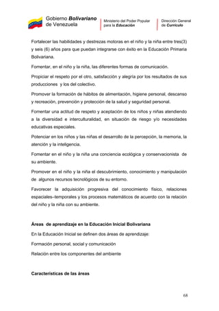 Gobierno Bolivariano
de Venezuela
Ministerio del Poder Popular
para la Educación
Dirección General
de Currículo
Fortalecer las habilidades y destrezas motoras en el niño y la niña entre tres(3)
y seis (6) años para que puedan integrarse con éxito en la Educación Primaria
Bolivariana.
Fomentar, en el niño y la niña, las diferentes formas de comunicación.
Propiciar el respeto por el otro, satisfacción y alegría por los resultados de sus
producciones y los del colectivo.
Promover la formación de hábitos de alimentación, higiene personal, descanso
y recreación, prevención y protección de la salud y seguridad personal.
Fomentar una actitud de respeto y aceptación de los niños y niñas atendiendo
a la diversidad e interculturalidad, en situación de riesgo y/o necesidades
educativas especiales.
Potenciar en los niños y las niñas el desarrollo de la percepción, la memoria, la
atención y la inteligencia.
Fomentar en el niño y la niña una conciencia ecológica y conservacionista de
su ambiente.
Promover en el niño y la niña el descubrimiento, conocimiento y manipulación
de algunos recursos tecnológicos de su entorno.
Favorecer la adquisición progresiva del conocimiento físico, relaciones
espaciales–temporales y los procesos matemáticos de acuerdo con la relación
del niño y la niña con su ambiente.
Áreas de aprendizaje en la Educación Inicial Bolivariana
En la Educación Inicial se definen dos áreas de aprendizaje:
Formación personal, social y comunicación
Relación entre los componentes del ambiente
Características de las áreas
68
 