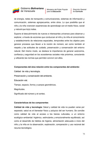 Gobierno Bolivariano
de Venezuela
Ministerio del Poder Popular
para la Educación
Dirección General
de Currículo
de energía, redes de transporte y comunicaciones, sistemas de información y
comunicación, sistemas agropecuarios, entre otros. Lo que posibilita que el
niño y la niña vivencien experiencias de aprendizaje con el medio físico, social
y natural que lo(a) rodea.
Supone el descubrimiento de nuevos e interesantes universos para observar y
explorar, a través de acciones que conduzcan al niño y la niña al conocimiento
y establecimiento de relaciones espaciales, temporales entre los objetos para
generar procesos que lleven a la noción de número; así como también el
respeto y las actitudes de cuidado, preservación y conservación del entorno
natural. Del mismo modo, se destaca la importancia de generar autonomía,
confianza y seguridad en los ecosistemas sociales más próximos, conociendo
y utilizando las normas que permiten convivir con ellos.
Componentes del área relación entre los componentes del ambiente:
CCaalliiddaadd ddee vviiddaa yy tteeccnnoollooggííaa..
PPrreesseerrvvaacciióónn yy ccoonnsseerrvvaacciióónn ddeell aammbbiieennttee..
EEdduuccaacciióónn vviiaall..
Tiempo, espacio, forma y cuerpos geométricos.
Magnitudes.
Significado del número y el conteo.
Características de los componentes
Calidad de vida y tecnología: Salud y calidad de vida no pueden verse por
separado; salud es el bienestar físico y psíquico del ser humano. Se concibe
como calidad de vida al acceso a los bienes culturales, a un entorno
ecológico–ambiental: higiénico, estimulante y emocionalmente equilibrado; así
como el desarrollo de hábitos de higiene, alimentación adecuada e inicio del
niño y la niña en la observación, exploración, comparación y uso racional del
recurso tecnológico.
73
 